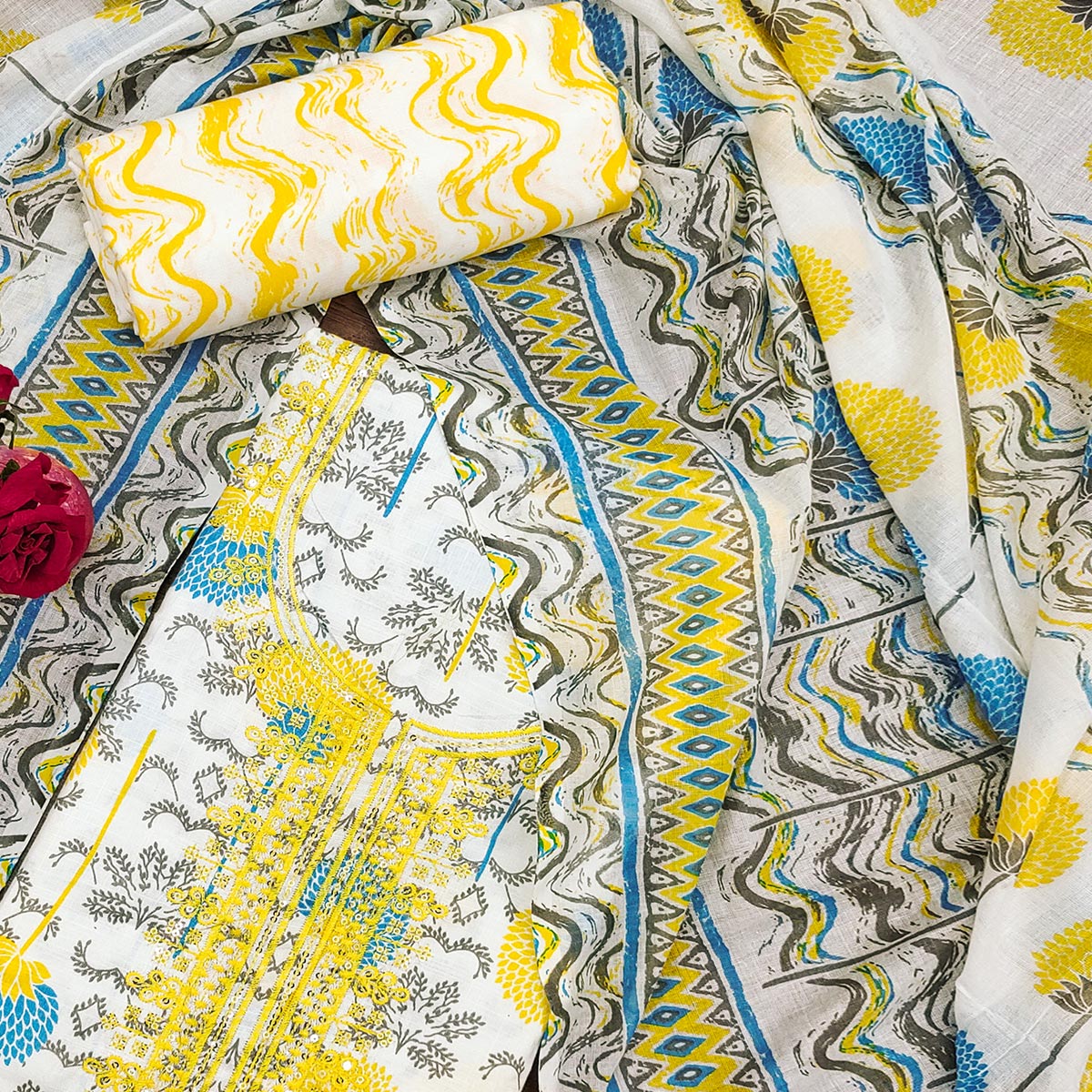 Yellow & Blue Floral Printed With Embroidered Cotton Blend Dress Material