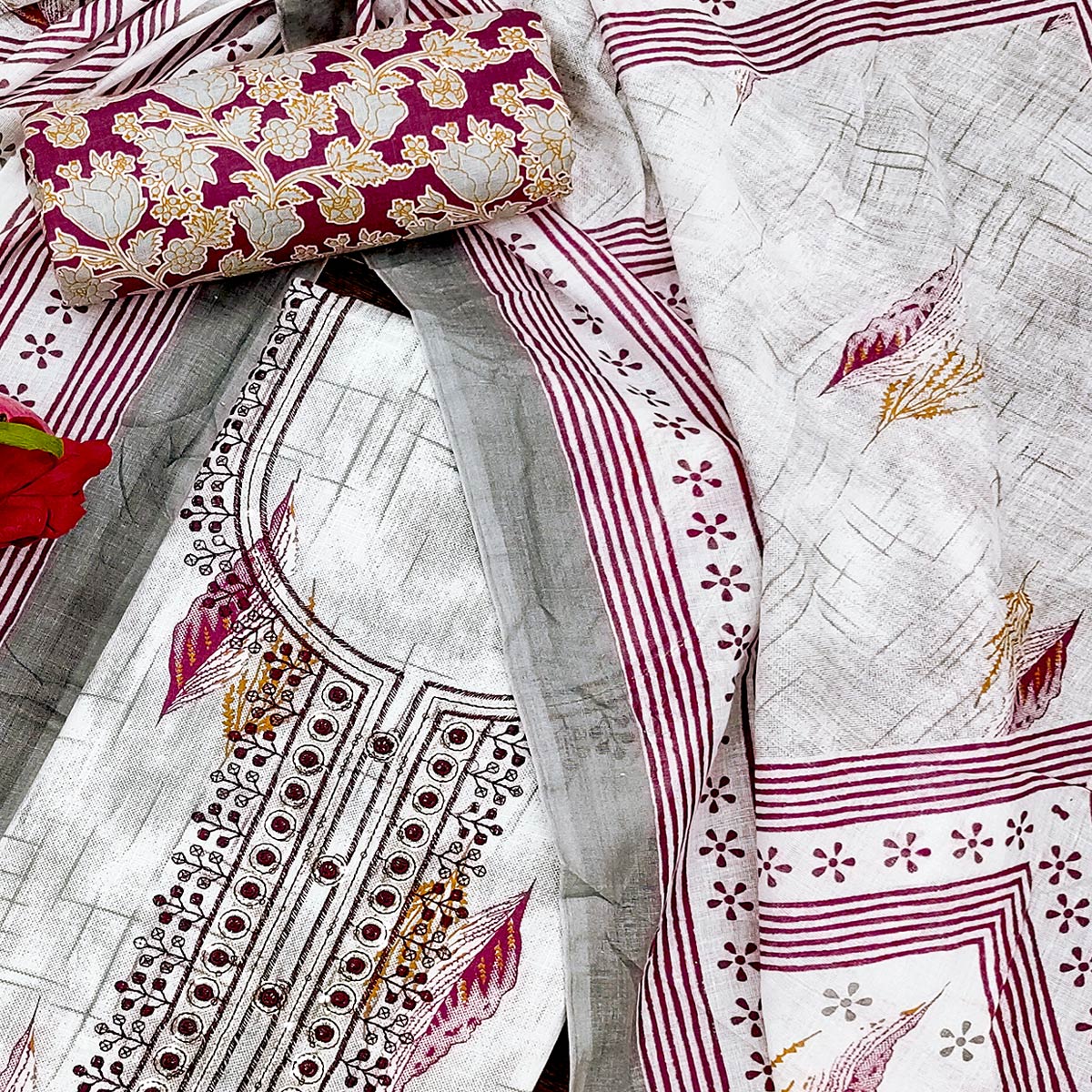 Purple Floral Printed With Embroidered Cotton Blend Dress Material