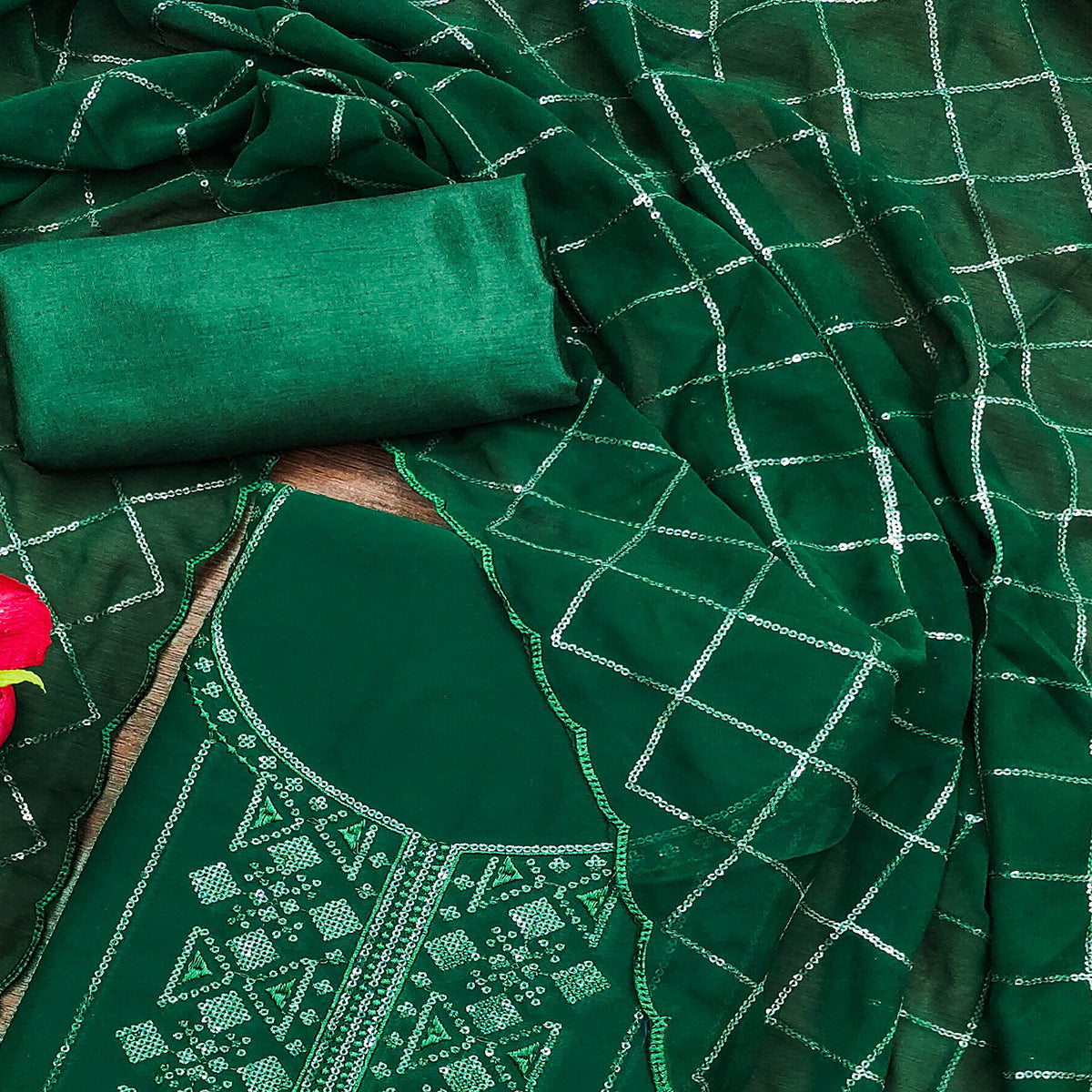 Green Sequins Embroidered Georgette Dress Material