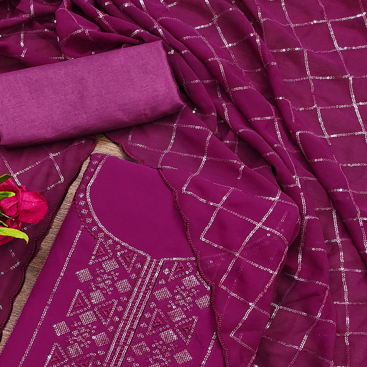 Purple Sequins Embroidered Georgette Dress Material