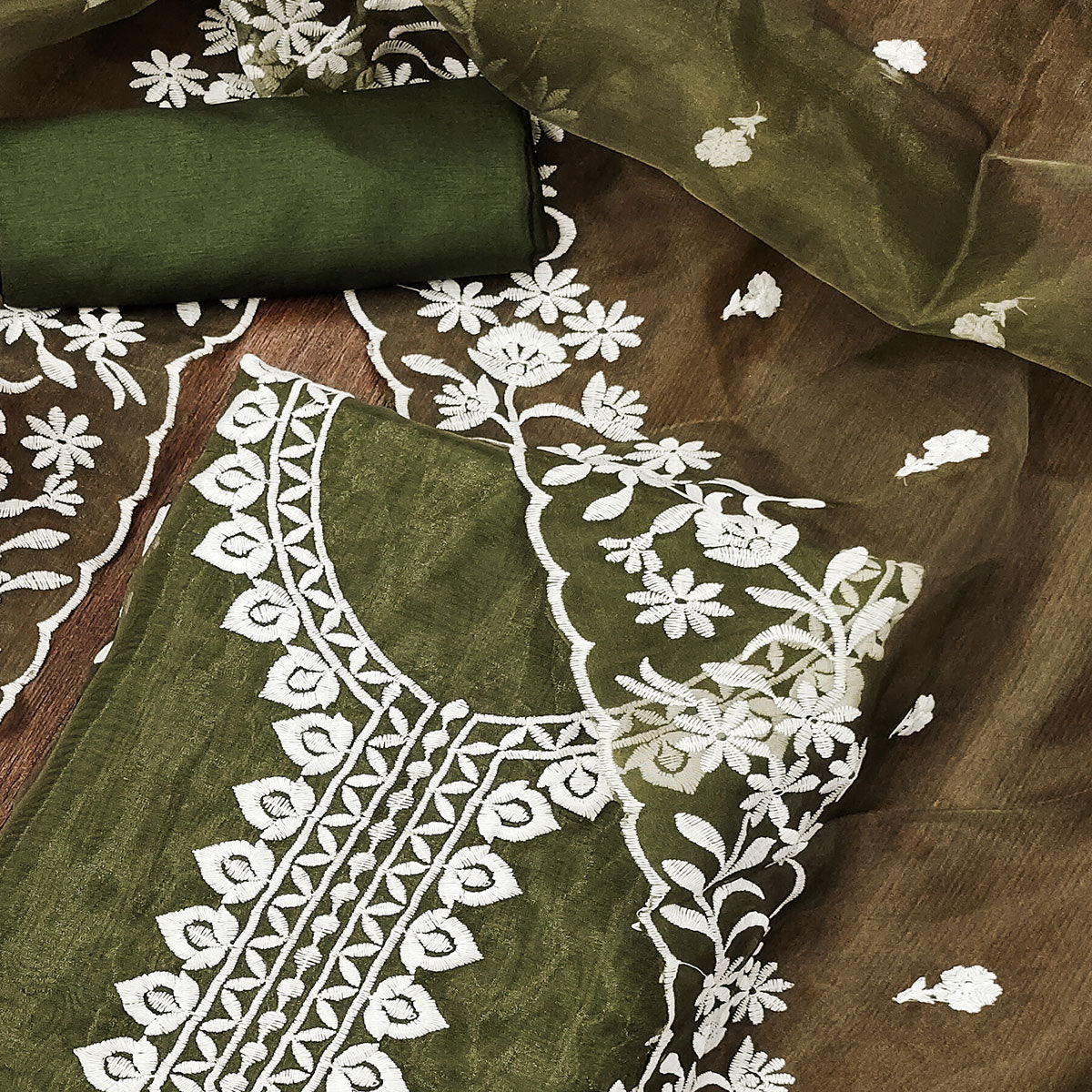 Mehendi Green Floral Embroidered Organza Dress Material