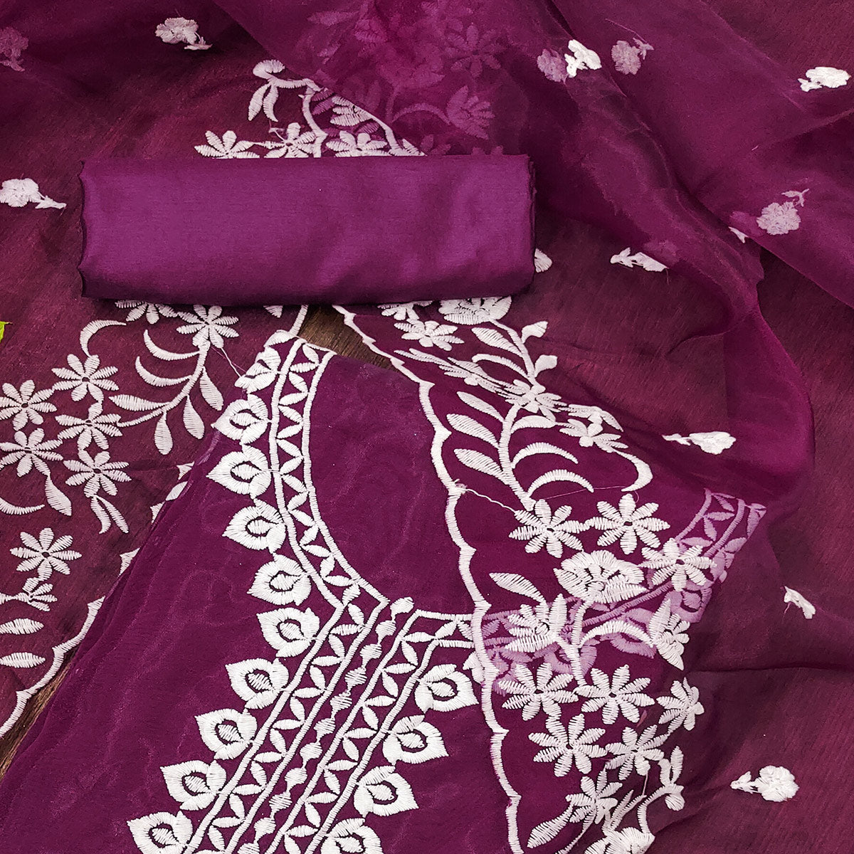 Purple Floral Embroidered Organza Dress Material