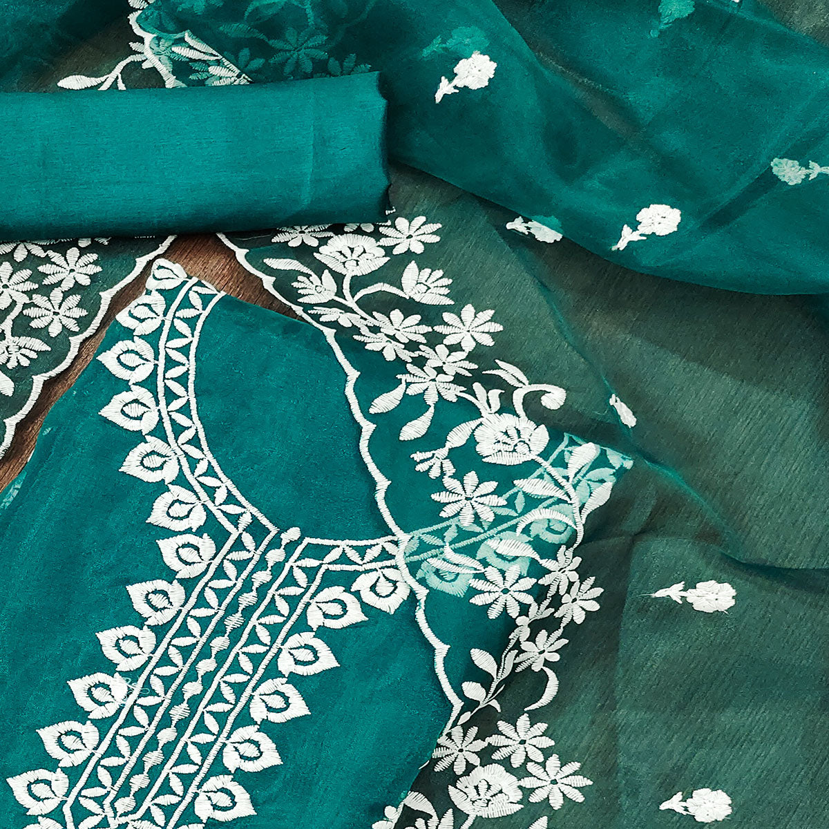 Teal Floral Embroidered Organza Dress Material