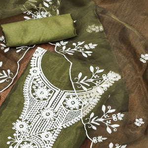 Mehendi Green Floral Embroidered Organza Dress Material