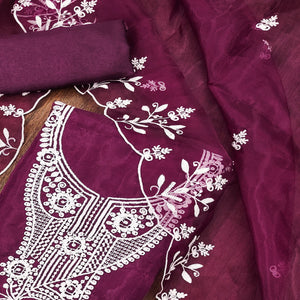 Purple Floral Embroidered Organza Dress Material