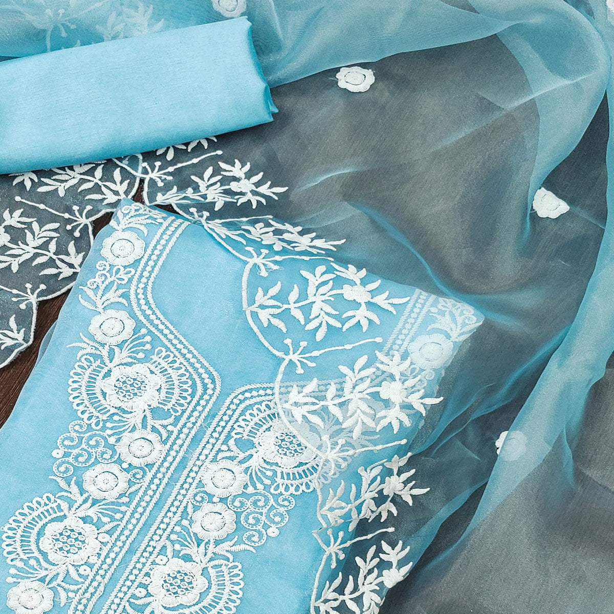 Blue Floral Embroidered Organza Dress Material