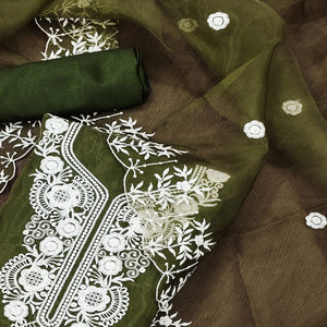 Mehendi Green Floral Embroidered Organza Dress Material