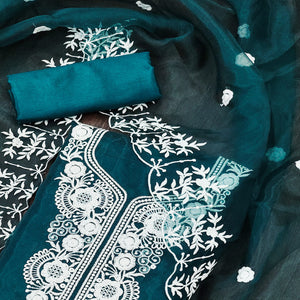 Teal Floral Embroidered Organza Dress Material