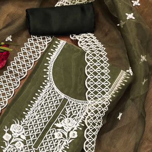 Mehandi Green Floral Embroidered Organza Dress Material