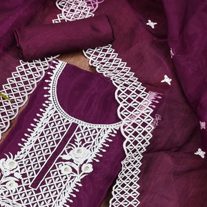 Purple Floral Embroidered Organza Dress Material