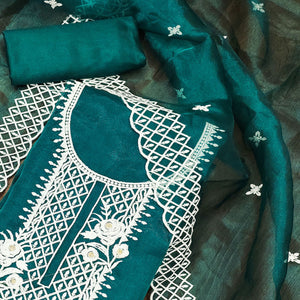 Teal Green Floral Embroidered Organza Dress Material