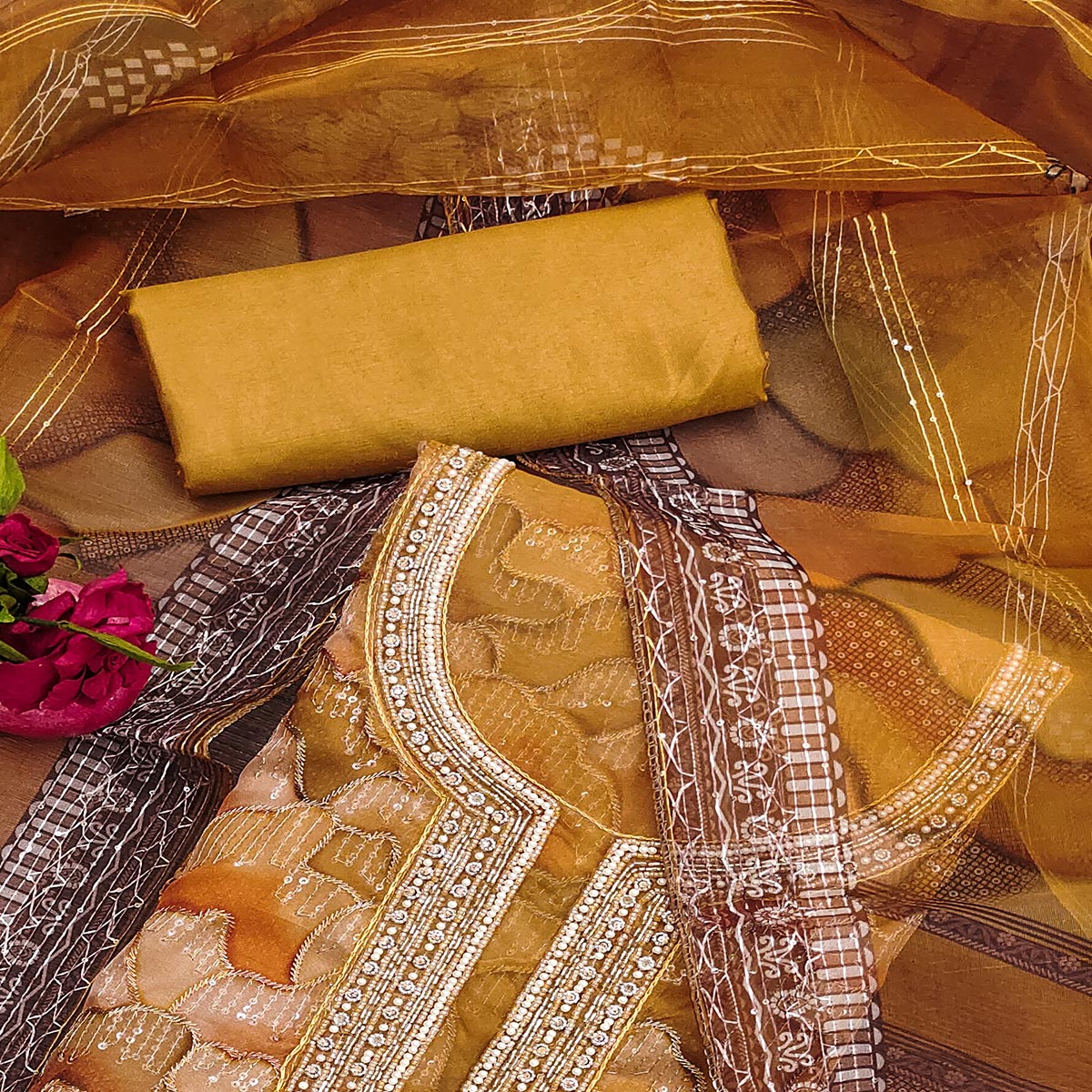 Mustard Sequins Embroidered Organza Dress Material