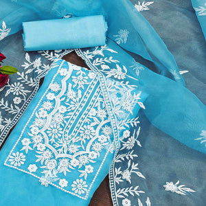 Blue Floral Embroidered Organza Dress Material