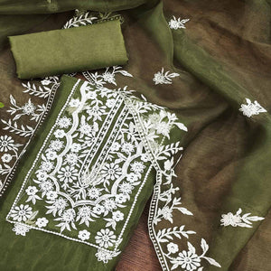 Green Floral Embroidered Organza Dress Material