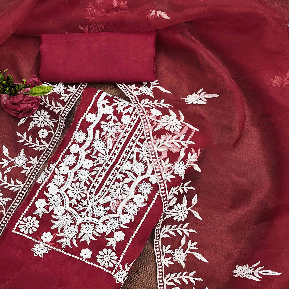 Maroon Floral Embroidered Organza Dress Material