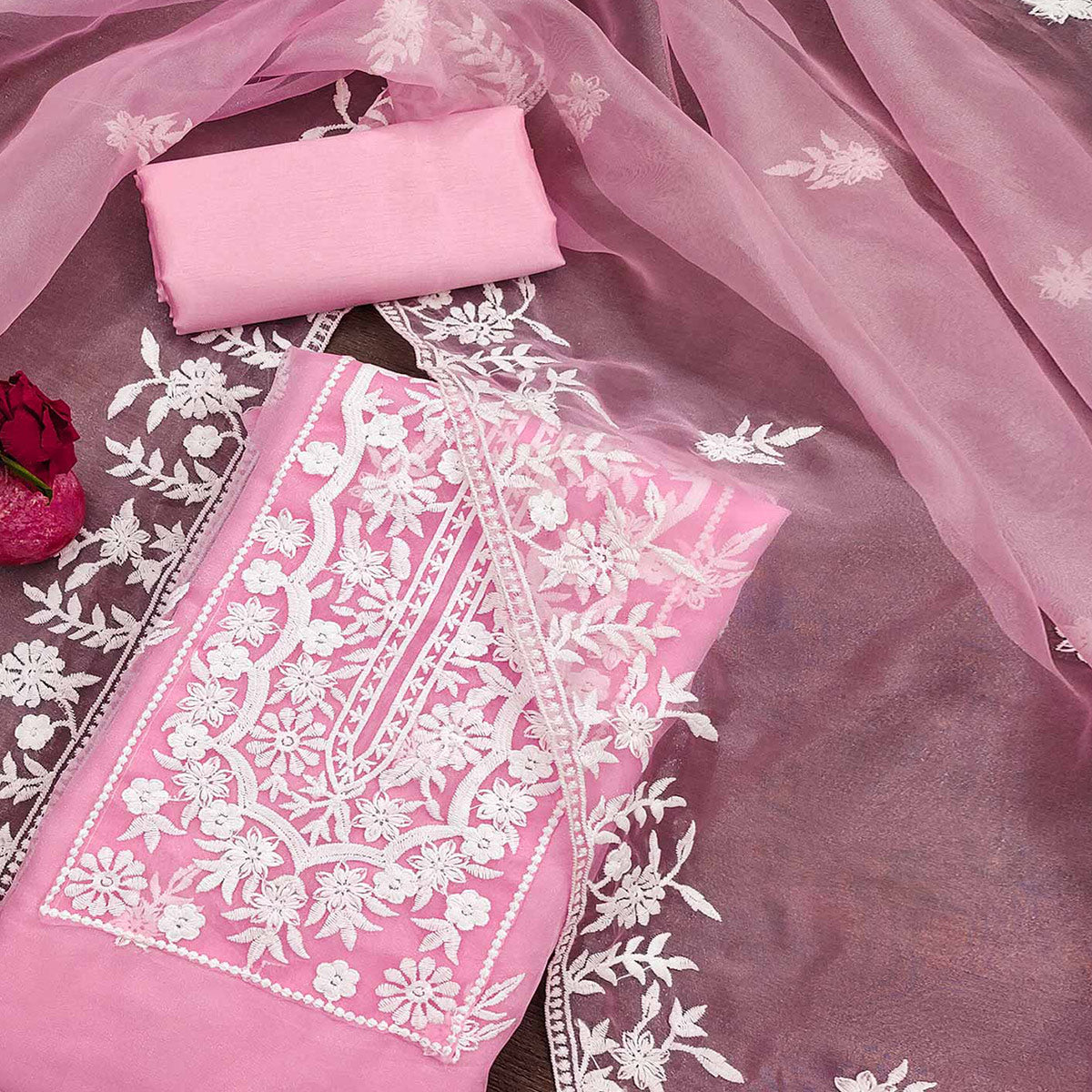 Pink Floral Embroidered Organza Dress Material