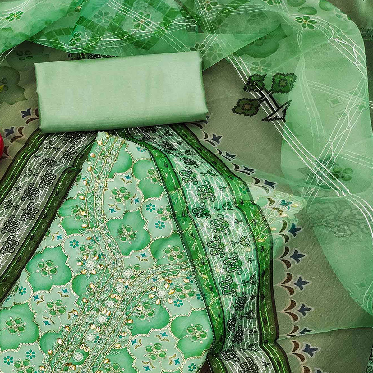 Green Printed With Sequins Embroidered Organza Dress Material