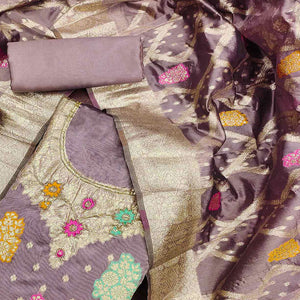 Mauve Floral Woven Jacquard Dress Material