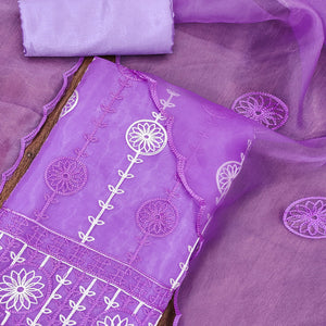 Purple Floral Embroidered Organza Dress Material
