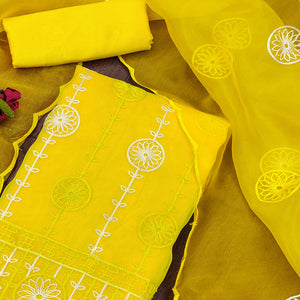 Yellow Floral Embroidered Organza Dress Material