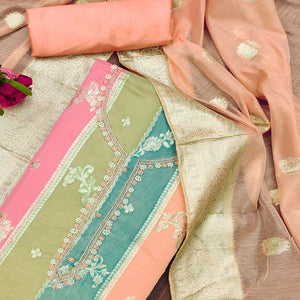 Peach Floral Woven With Hand Embroidered Jacquard Dress Material