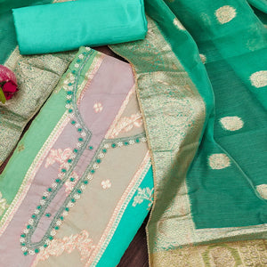 Turquoise Floral Woven With Hand Embroidered Jacquard Dress Material
