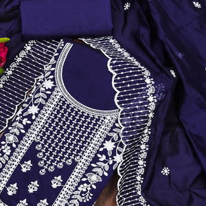 Navy Blue Floral Embroidered Cotton Dress Material