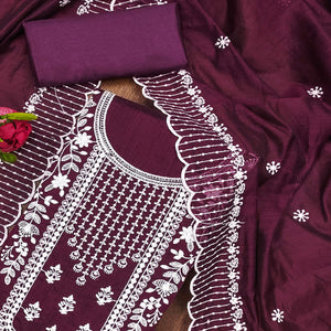 Purple Floral Embroidered Chanderi Dress Material