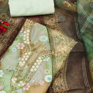 Green Floral Sequins Embroidered Organza Dress Material