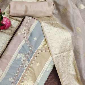 Beige Floral Woven With Hand Embroidered Jacquard Dress Material