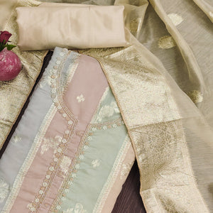 Chikoo Floral Woven With Hand Embroidered Jacquard Dress Material