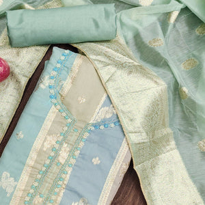 Green Floral Woven With Hand Embroidered Jacquard Dress Material