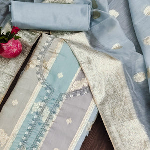 Grey Floral Woven With Hand Embroidered Jacquard Dress Material