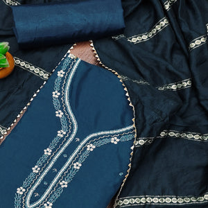 Blue Hand Embroidered Cotton Blend Dress Material