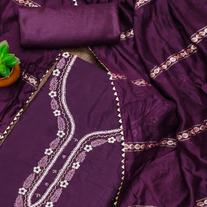 Wine Hand Embroidered Cotton Blend Dress Material