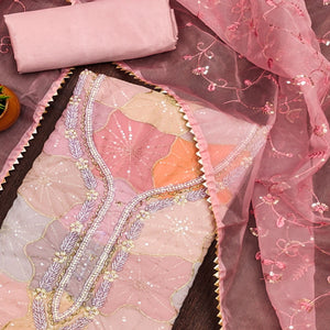 Pink Sequin Embroidery With Handwork Organza Dress Material