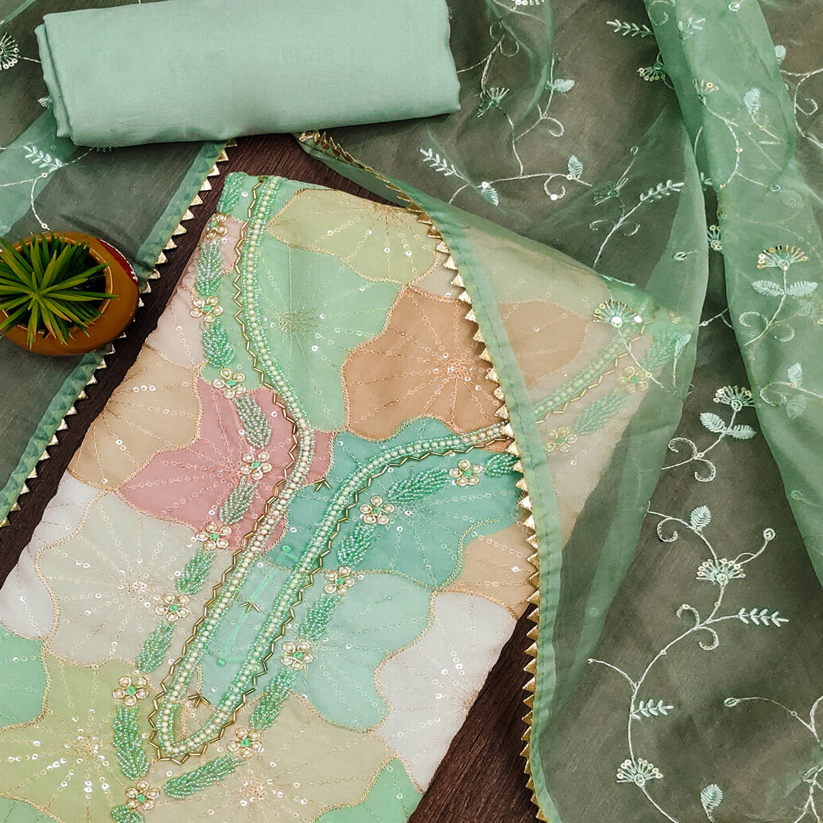 Sea Green Sequins Embroidery With Handwork Organza Dress Material