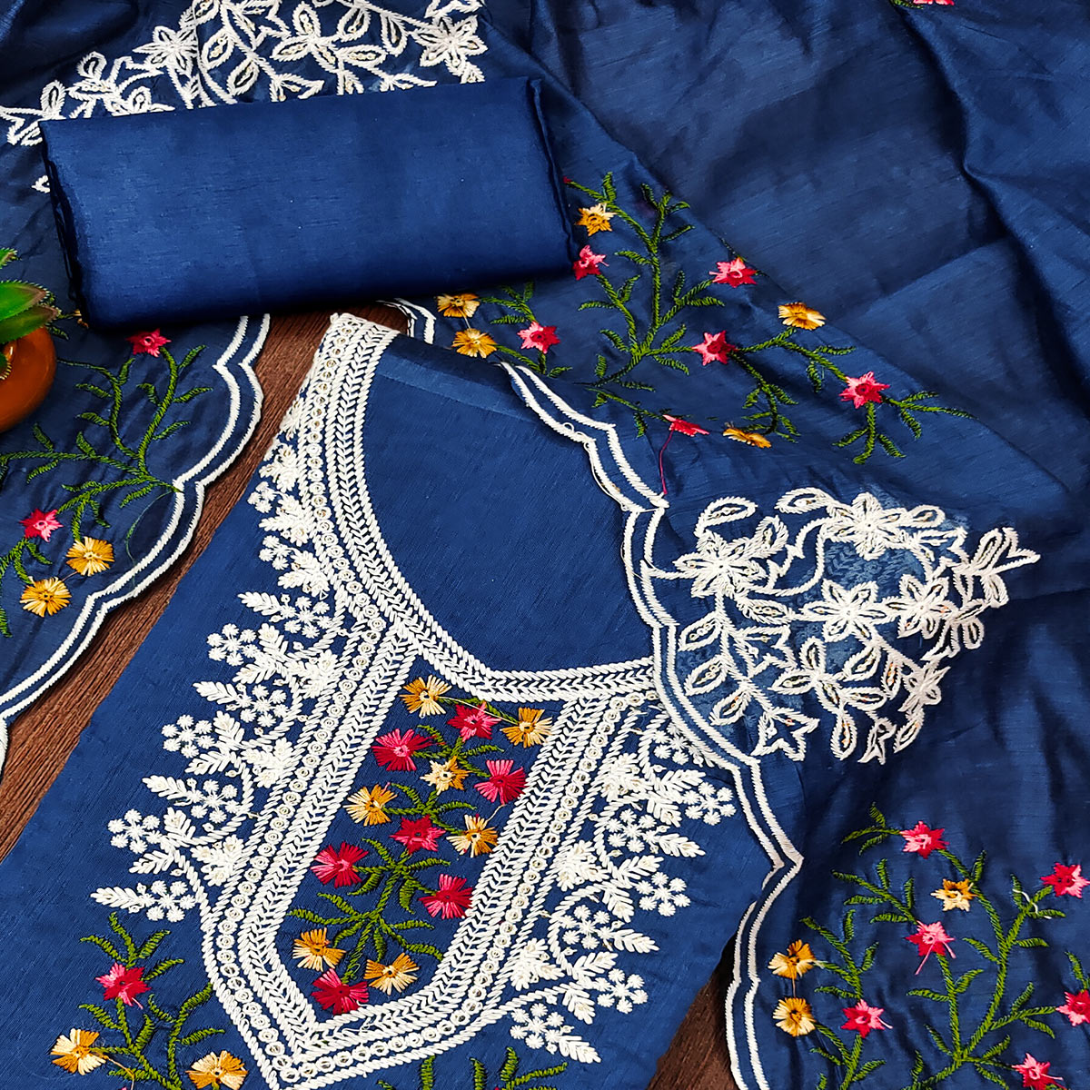 Blue Floral Sequins Embroidered Chanderi Cotton Dress Material