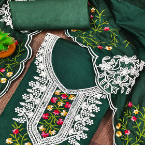Green Floral Sequins Embroidered Chanderi Cotton Dress Material