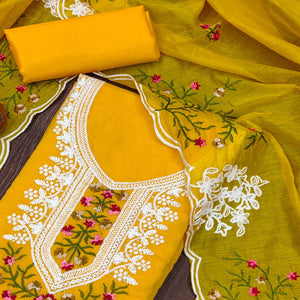 Mustard Floral Sequins Embroidered Chanderi Cotton Dress Material