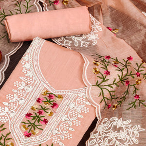 Peach Chanderi Cotton Dress Material With Elegant Floral Sequin Embroidery