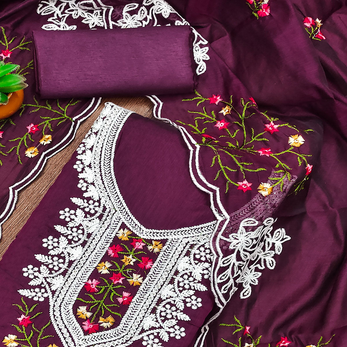 Purple Floral Sequins Embroidered Chanderi Cotton Dress Material