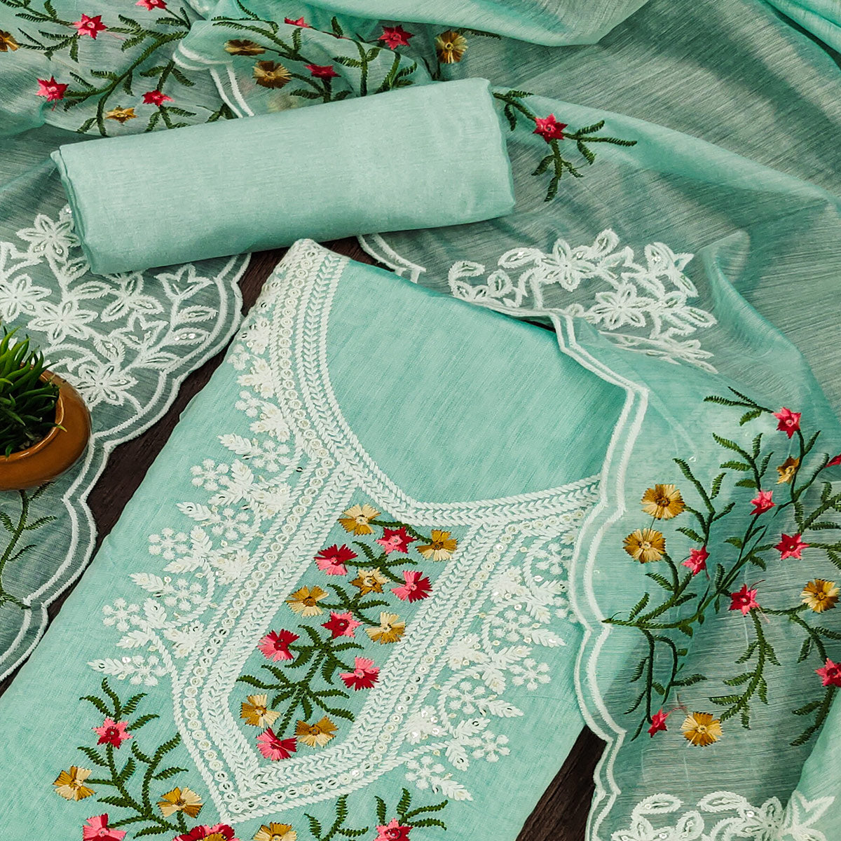Turquoise Chanderi Cotton Dress Material With Elegant Floral Sequin Embroidery
