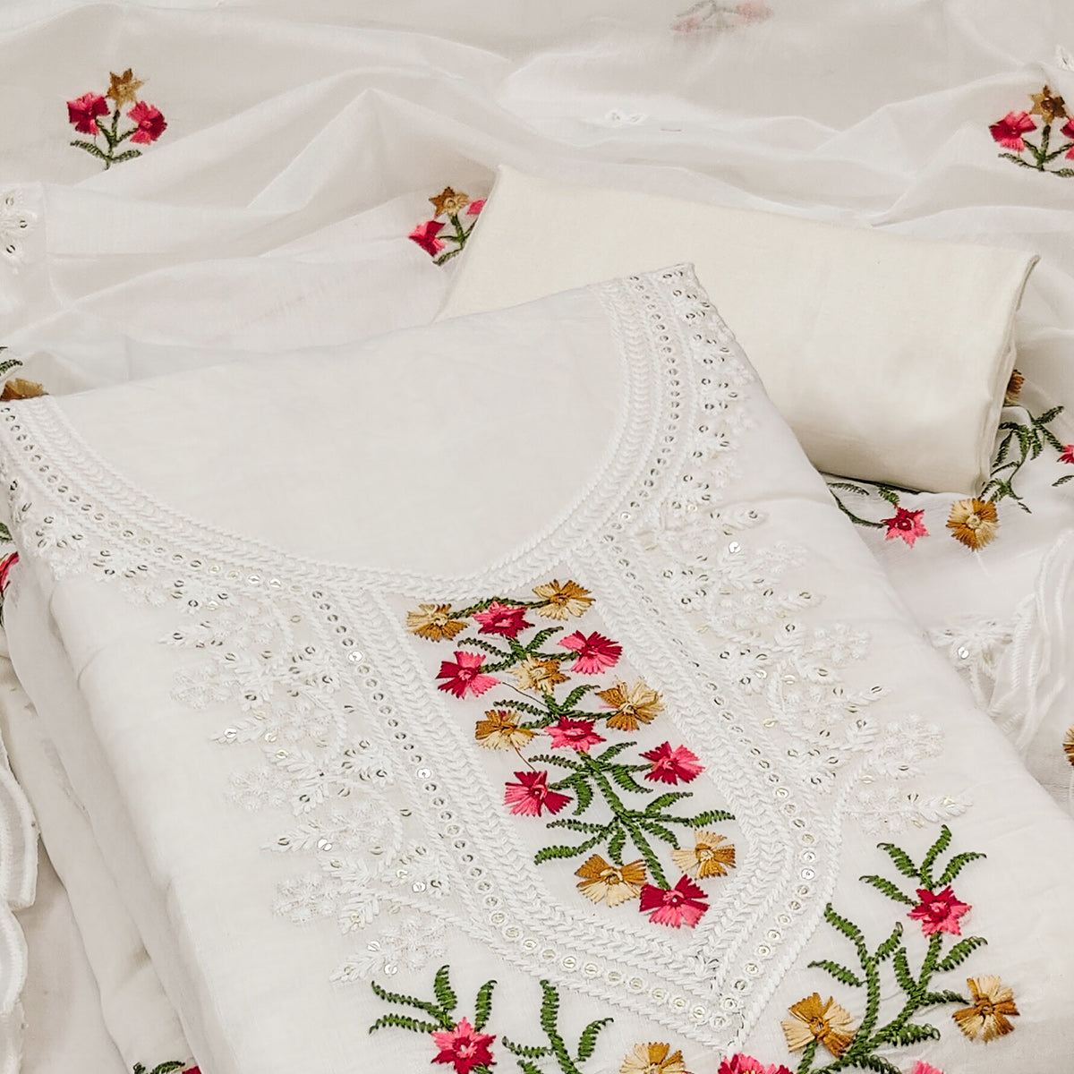 White Chanderi Cotton Dress Material With Elegant Floral Sequin Embroidery