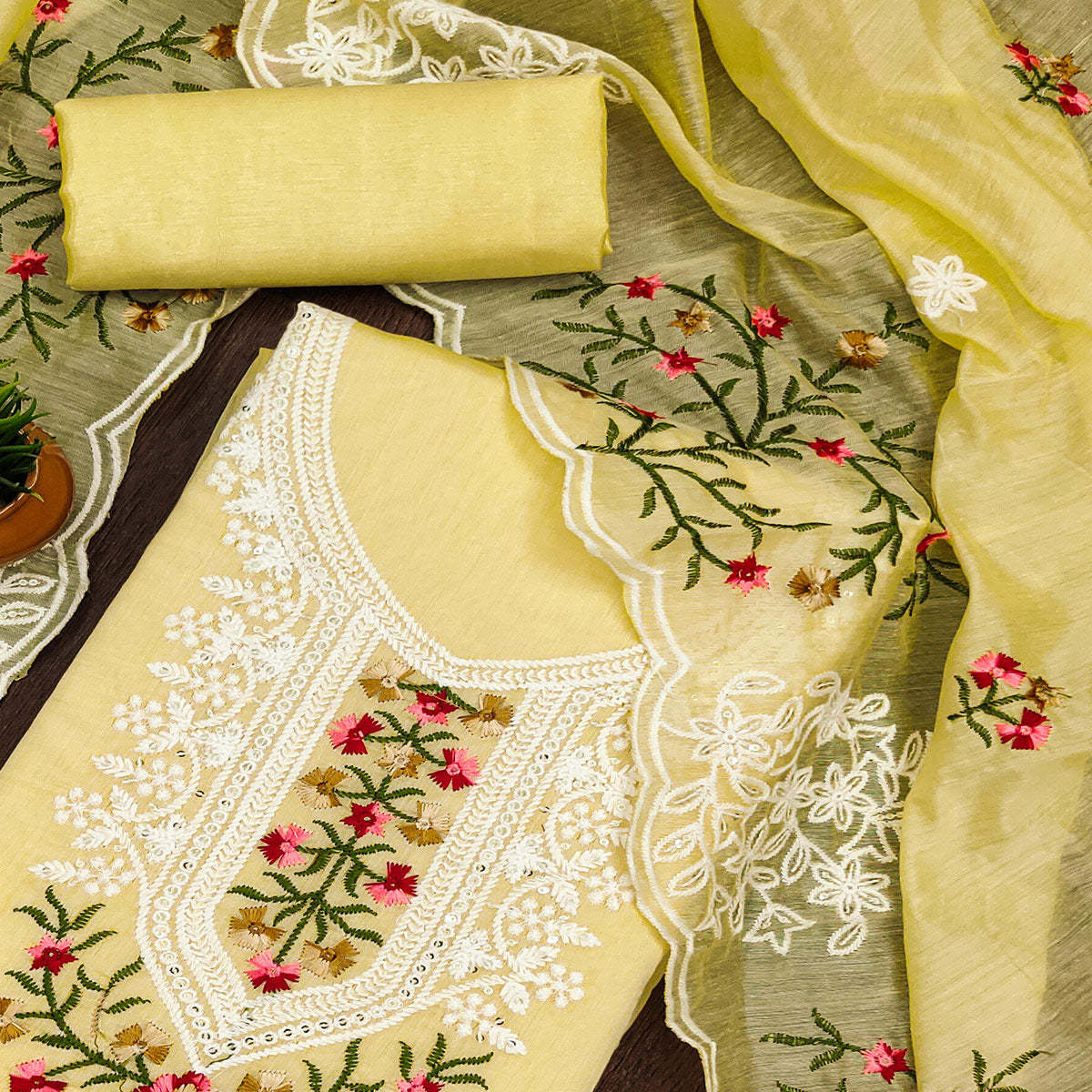 Yellow Chanderi Cotton Dress Material With Elegant Floral Sequin Embroidery