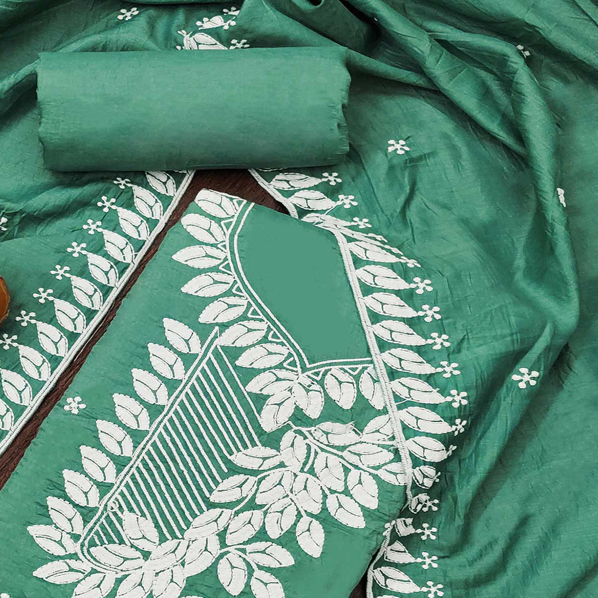 Green Floral Embroidered Cotton Blend Dress Material