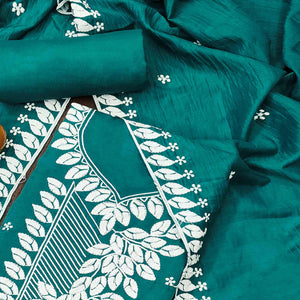 Teal Floral Embroidered Cotton Blend Dress Material