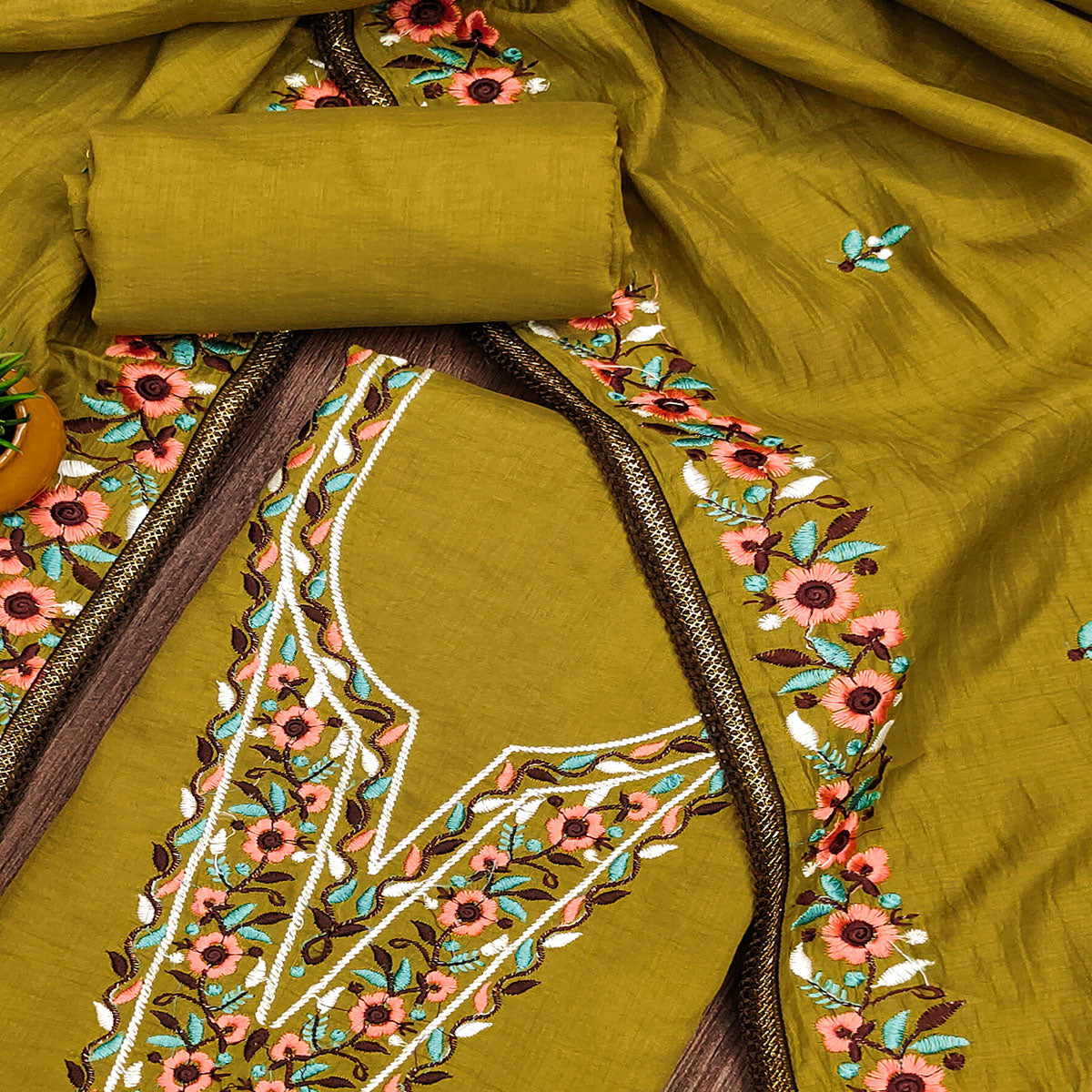 Mehendi Green Floral Embroidered Cotton Blend Dress Material