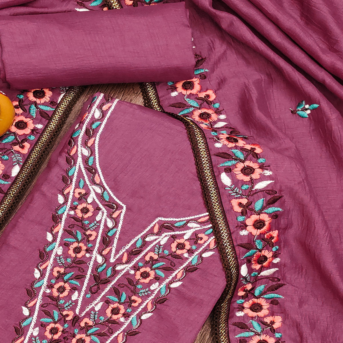 Pink Floral Embroidered Cotton Blend Dress Material