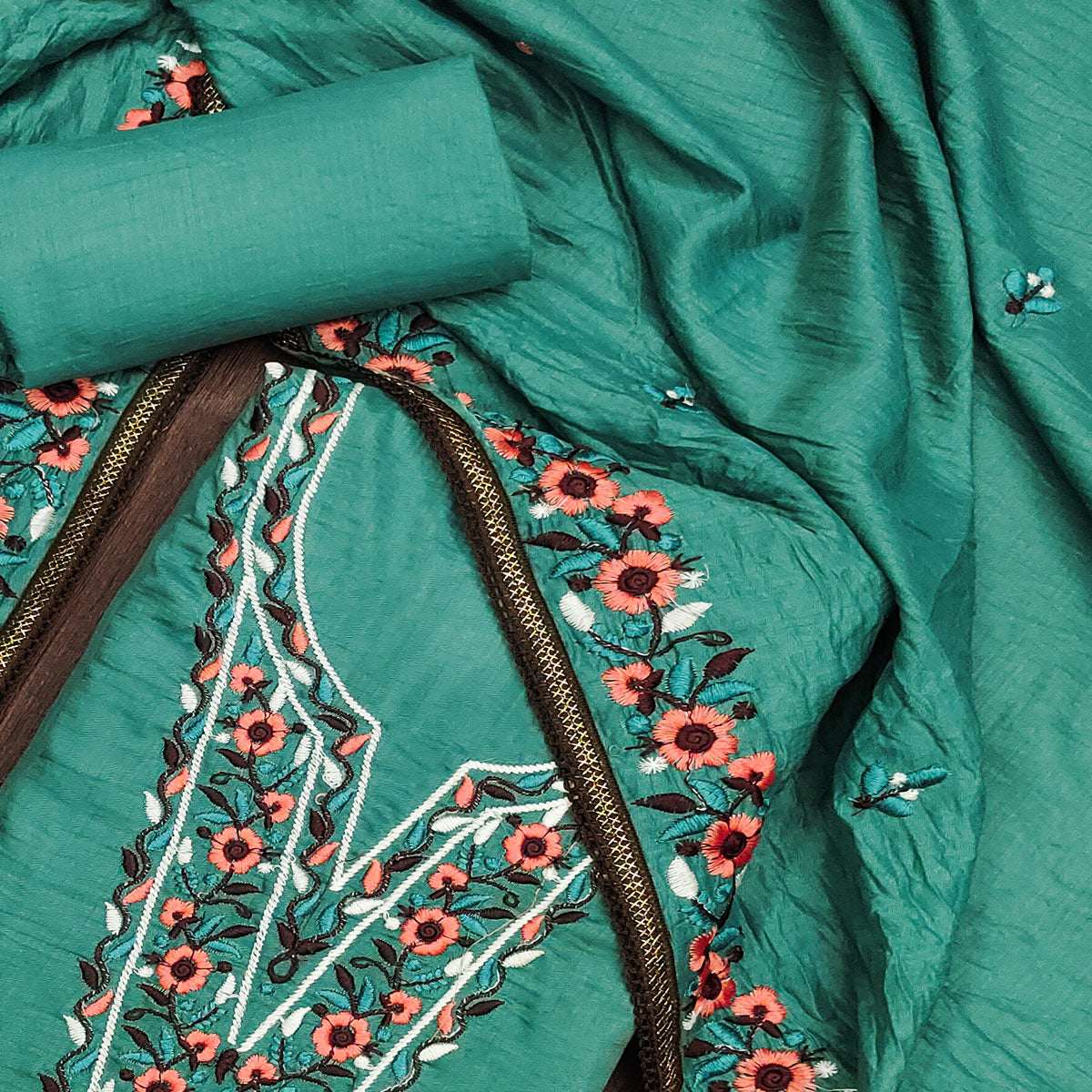 Rama Green Floral Embroidered Cotton Blend Dress Material